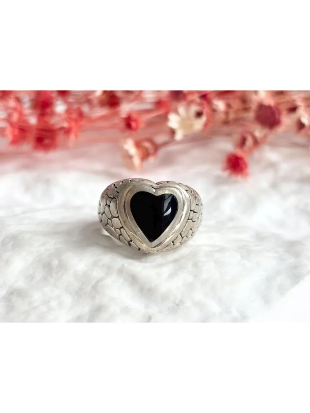 Heart Black Onyx Tortoise Shell Pattern Sterling Silver 925 Vintage Ring sz 6.5